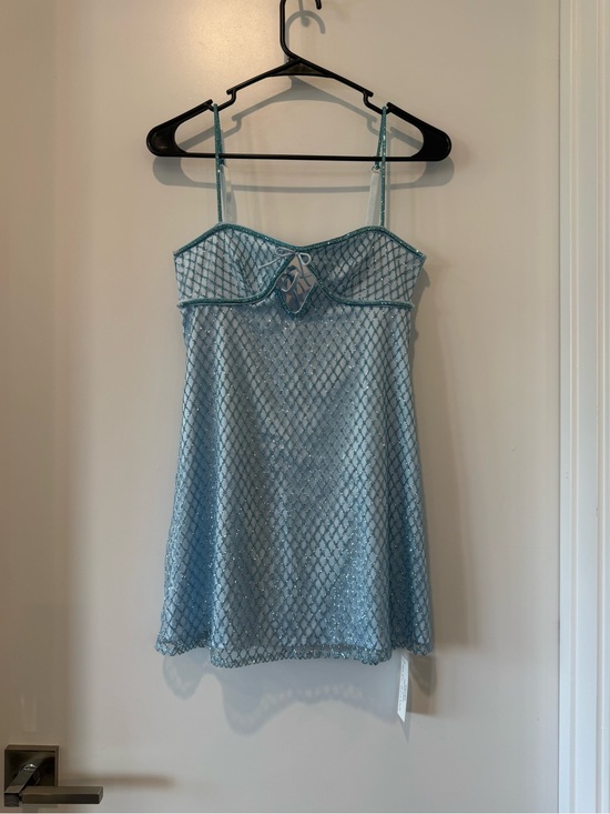 For Love And Lemons Dresses & Skirts - NWT For Love & Lemons Blue Glitter Mesh Mini Slip Dress Rhinestone Fishnet